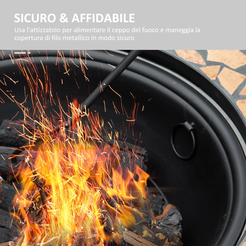 Outsunny Braciere da Giardino con Coperchio Parascintille, Attizzatoio e Piano in Ceramica, 68x68x45 cm, Nero
