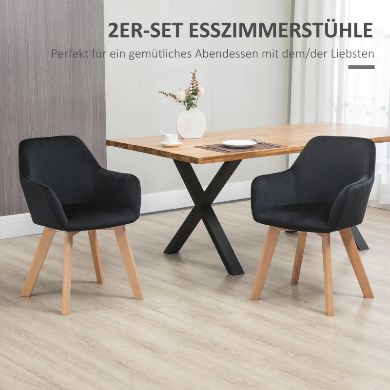 HOMCOM Esszimmerstühle, 2er-Set, modernes Design, Samtoptik, Kautschukbaumholz, 54x57x80 cm, Schwarz