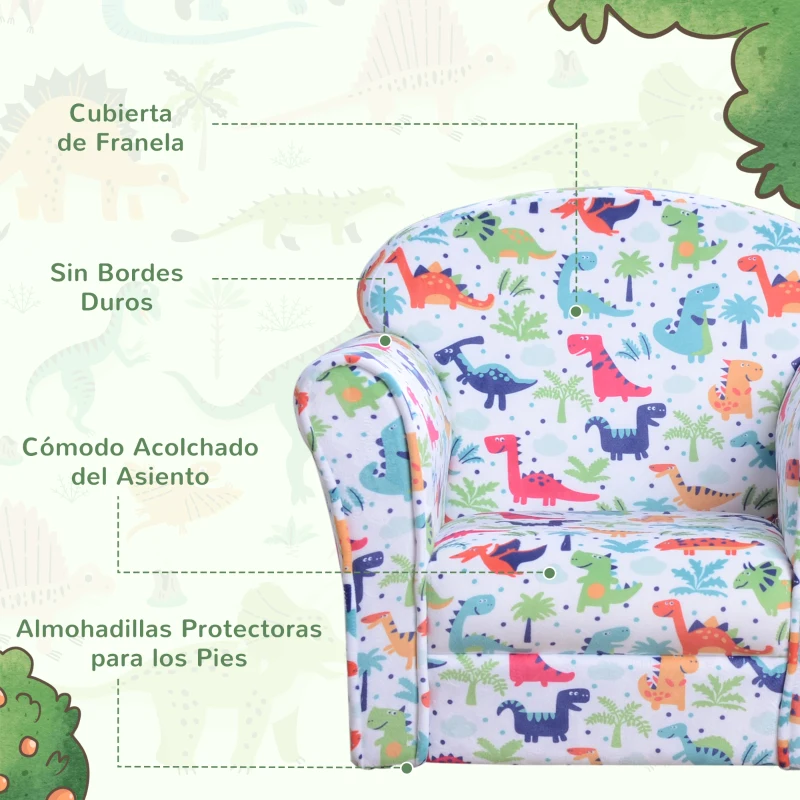 HOMCOM Sillón Infantil para +18 Meses con Estampado de Dinosaurios Acolchado de Espuma y Franela 50x39x44 cm Multicolor