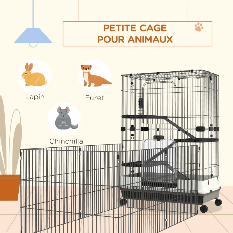 PawHut Cage pour petits animaux roulante 3 plates-formes démontables 3 rampes plateau inférieur amovible métal PP noir