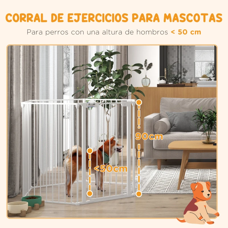PawHut Corralito para Mascotas Plegable de 6 Paneles con Doble Cerradura Bloqueo Auxiliar y Bricolaje Acero 123x102x90cm Blanco