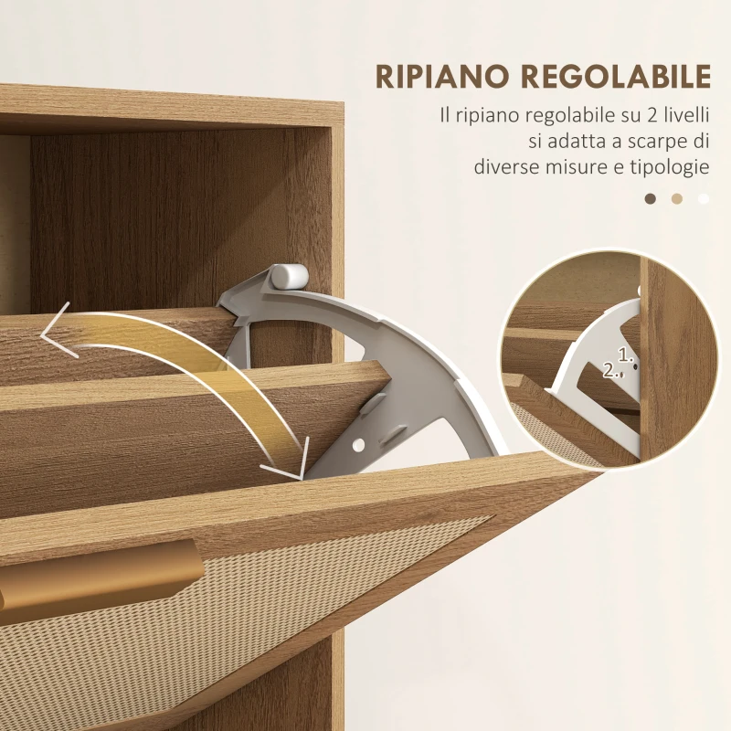 HOMCOM Mobile Scarpiera per 18 Paia di Scarpe con 3 Cassetti Ribaltabili in Legno e Rattan, 80x25x120 cm, Marrone
