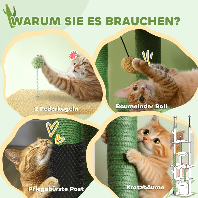 PawHut Kaktus-Kratzbaum, 4 Etagen, deckenhoch 225-255 cm, 2 Hängematten, Höhle, Grün