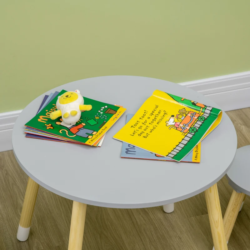 HOMCOM Juego de Mesa y 2 Sillas de Madera para Niños Mesa Redonda Ø59x50 cm y Sillas Ø28x51 cm Muebles Infantiles Gris