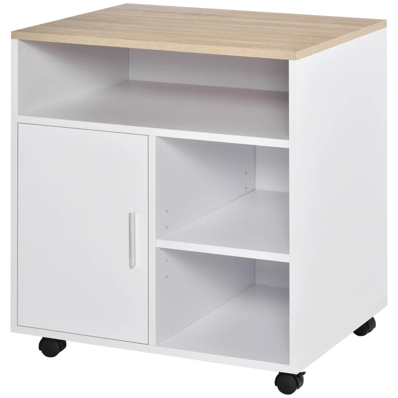 HOMCOM Multi-Storage Printer Stand Unit Office Desk Side Mobile Storage w/ Wheels Modern Style 60L x 50W x 65.5H cm - Oak