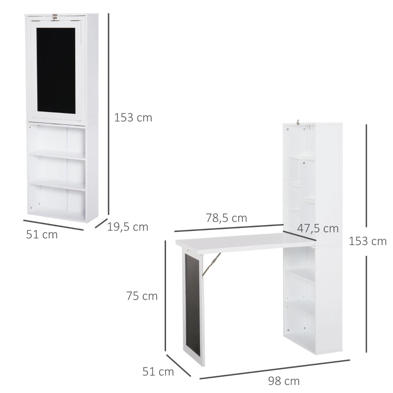 HOMCOM Escritorio Plegable con Estantería Mesa de Oficina con Pizarra y Múltiples Estantes Convertible con Baldas Ajustables 98x51x153 cm Blanco