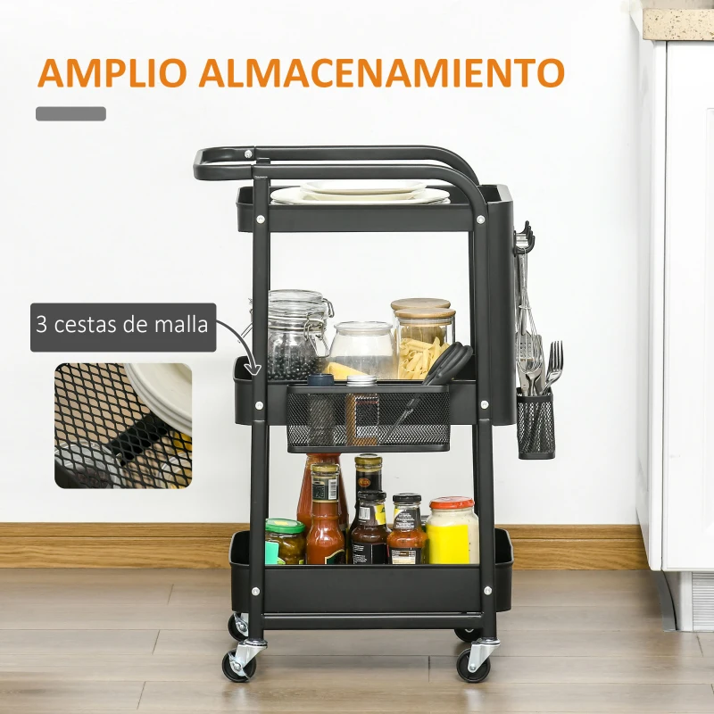 HOMCOM Carrito Auxiliar con Ruedas Carro de Almacenaje Multifuncional con 4 Ganchos y 2 Cestas Colgantes 51,5x32x75,6 cm Negro