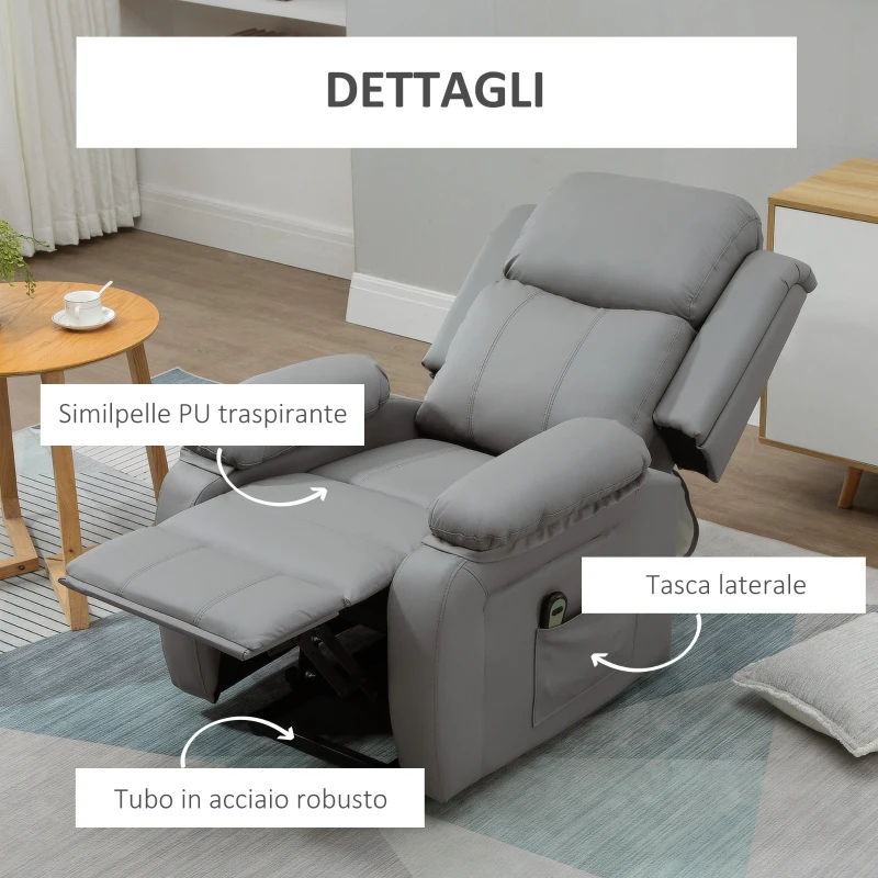 HOMCOM Poltrona Relax Elettrica e Alzapersona Reclinabile fino 160° con Telecomando, in Similpelle - Grigio