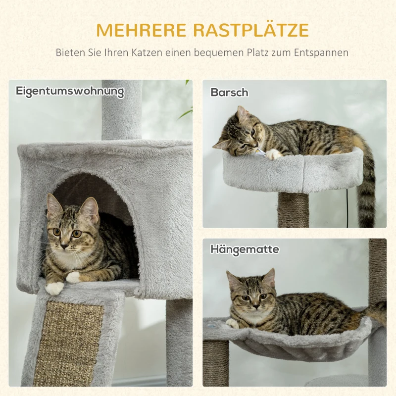 Pawhut Kratzbaum inkl. Katzenhöhle, Katzenbett, Katzenhängematte und Spielzeug 60 cm x 40 cm x 113 cm, Hellgrau