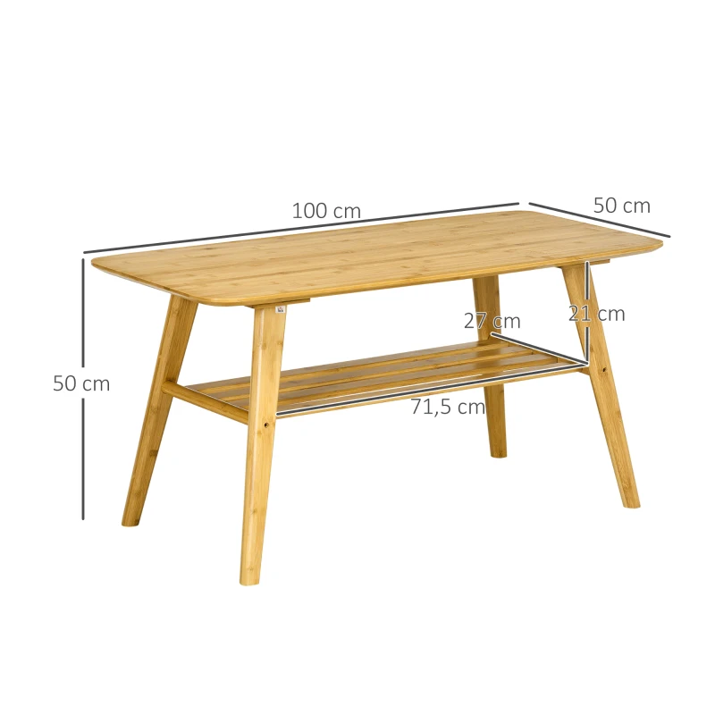 HOMCOM Couchtisch Beistelltisch Bambustisch Tisch Wohnzimmertisch Kaffeetisch mit Regal minimalistisch stabil Bambus Naturholz 100x50x50 cm