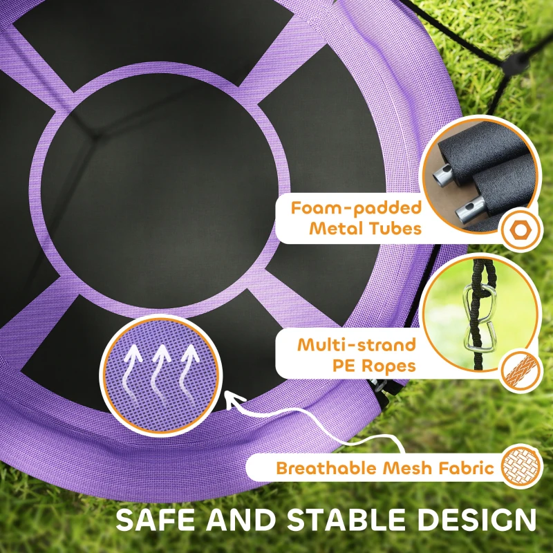 AIYAPLAY 100cm Diameter Nest Seat for Kids with Height Adjustable Hanging Ropes for Outdoor, Playground, Garden, Purple