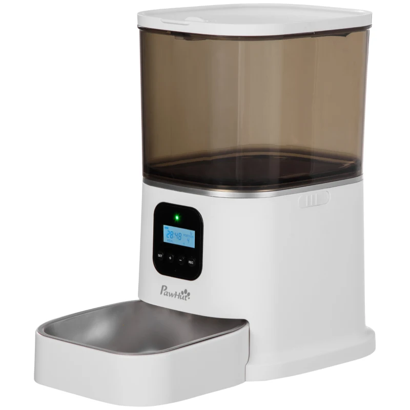 PawHut Distributeur 6L automatique de croquettes pour chien chat programmable avec Bol en Acier Inoxydable 4 repas - réservoir avec enregistrement vocal