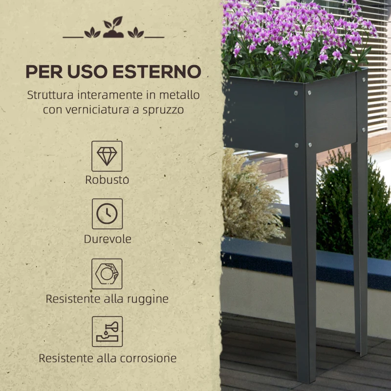 Outsunny Fioriera da Esterno Rialzata in Metallo con 3 Fori di Drenaggio, 100x30x80 cm, Grigio