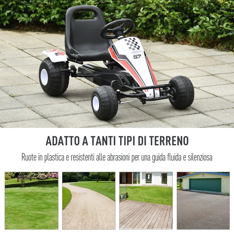 HOMCOM Go-Kart a Pedali Bianco per Bambini 3-6 Anni con Sedile Regolabile, Ruote in Plastica, Freno a Mano e Cambio