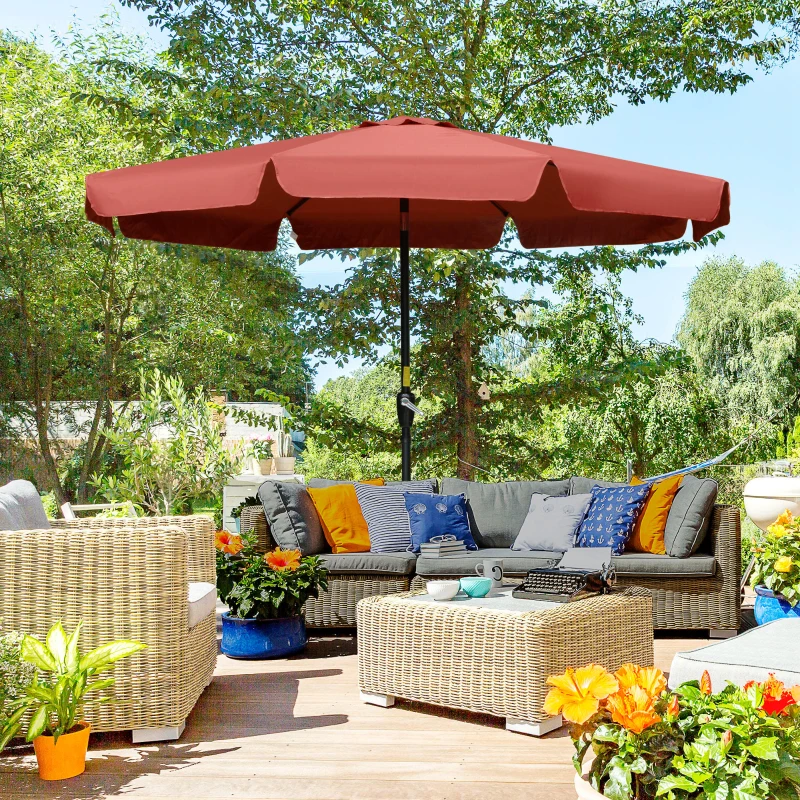 Outsunny 2.7m Patio Parasol Garden Umbrellas Outdoor Sun Shade Table Umbrella with Tilt, Crank, 8 Ribs, Ruffles, Wine Red