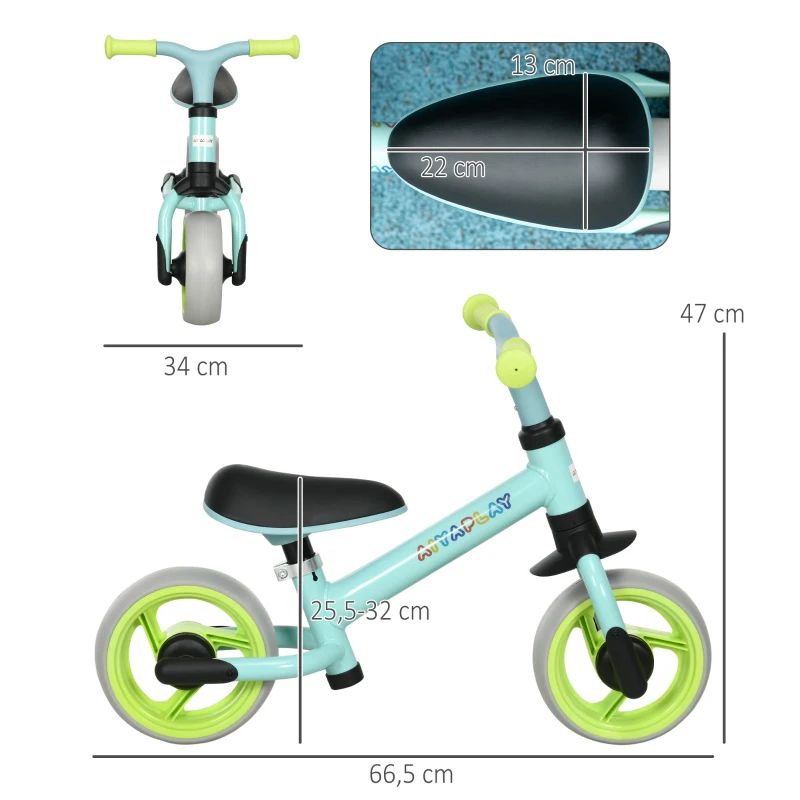 AIYAPLAY Bicicleta de Equilibrio para Niños de 18-48 Meses con Asiento Ajustable en Altura 66,5x34x47 cm Verde y Turquesa