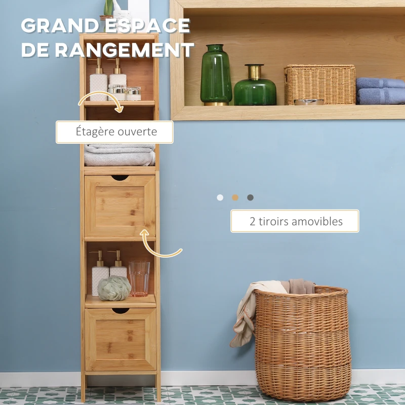 kleankin Meuble de rangement colonne pour salle de bain en bambou 2 tiroirs amovibles et 3 étagères 30 x 30 x 140 cm naturel
