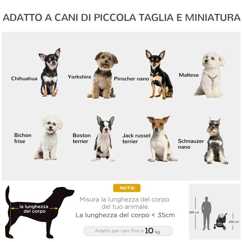 PawHut Passeggino per Cani Piccoli Pieghevole a 3 Ruote con Copertura Antipioggia e Cestino, Cachi