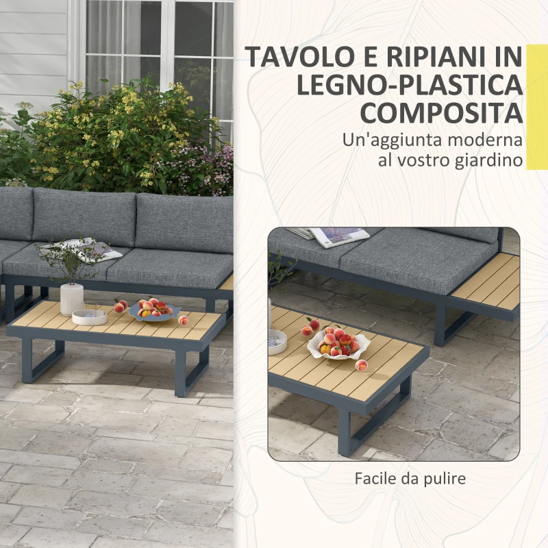 Outsunny Set da Giardino 4 Pezzi in Alluminio con 2 Divanetti, Poltrona Angolare e Tavolino da Caffè, Grigio e Teak