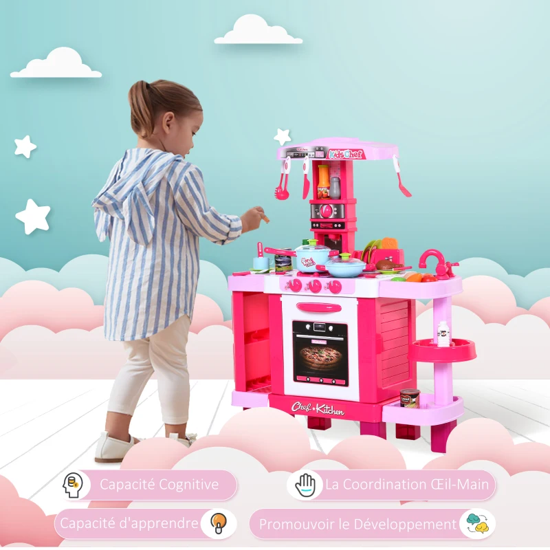 HOMCOM Cuisine pour Enfant Recettes Jeu d'imitation 38 Accessoires Inclus Sons et lumières polypropylène Rose(m-6)
