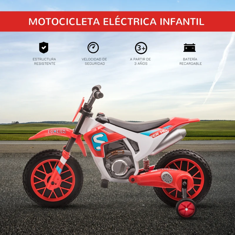 HOMCOM Moto Eléctrica para Niños de +3 Años 12V Moto de Juguete Infantil con 2 Ruedas de Equilibrio Velocidad 3-8 km/h Arranque Suave 106,5x51,5x68 cm Rojo