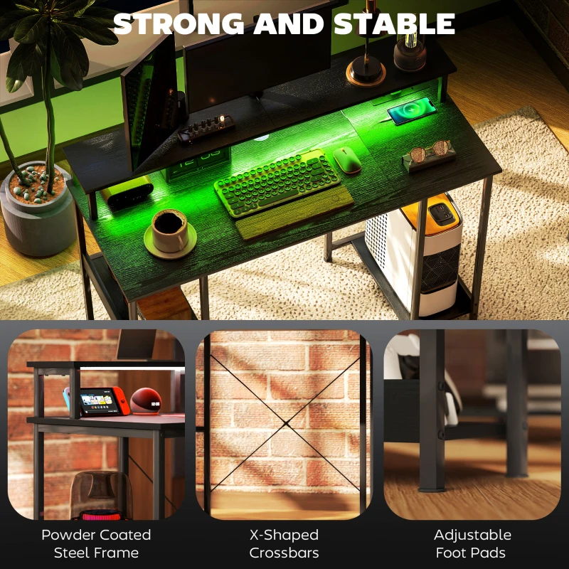 HOMCOM LED Computer Desk, with Power Outlets and Shelves - Black