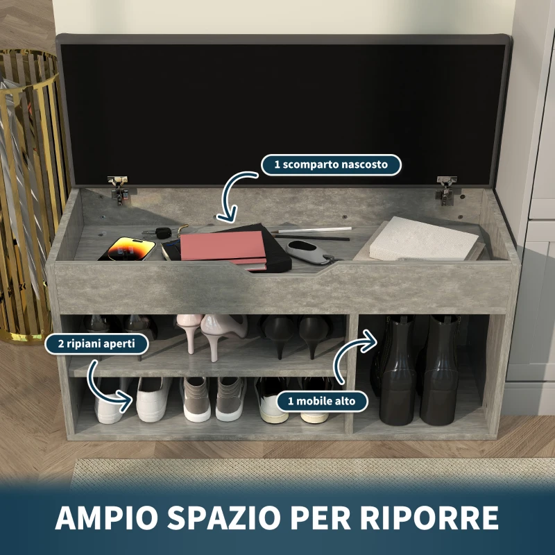 HOMCOM Scarpiera Salvaspazio Imbottita a 3 Ripiani Aperti con Spazio a Scomparsa, in Legno, 80x30x45 cm, Nero e Grigio