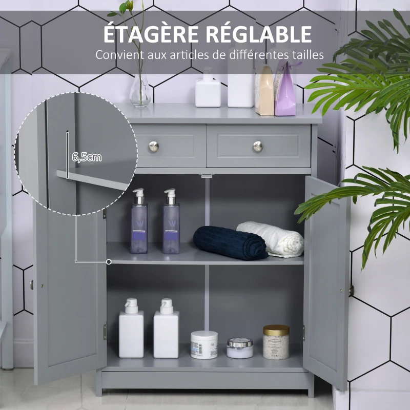 kleankin Meuble de salle de bain sur pied armoire de salle de bain 2 portes 2 tiroirs 60 x 30 x 75 cm gris