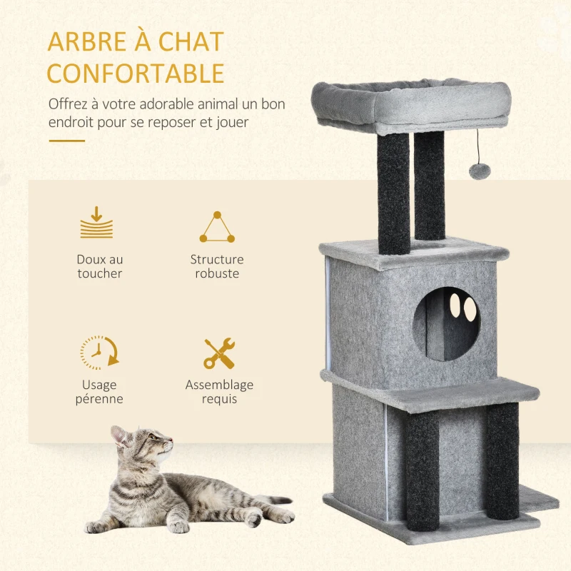 PawHut Arbre à chats design cosy chic multi-équipements centre d'activités niches plateformes lit jeu boule feutres amovibles lavables panneaux de particules peluche courte 48 x 48 x 100 cm gris