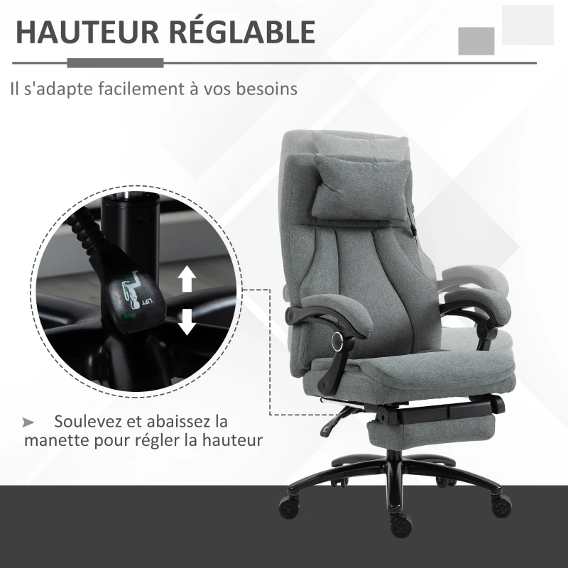Vinsetto Fauteuil de bureau direction massant hauteur réglable dossier inclinable repose-pied intégré lin gris