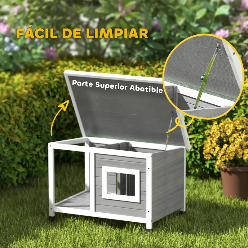 PawHut Casa para Perros de Madera 85,5x62x60 cm con Techo Asfáltico Abatible Puerta y Ventana para Perros Pequeños Gris