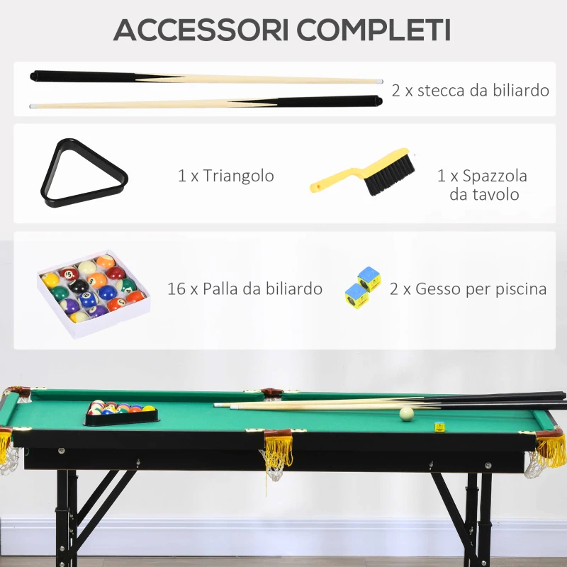 SPORTNOW Tavolo da Biliardo ad Altezza Regolabile con Accessori, in MDF e Acciaio, 140x63x55-75 cm, Verde
