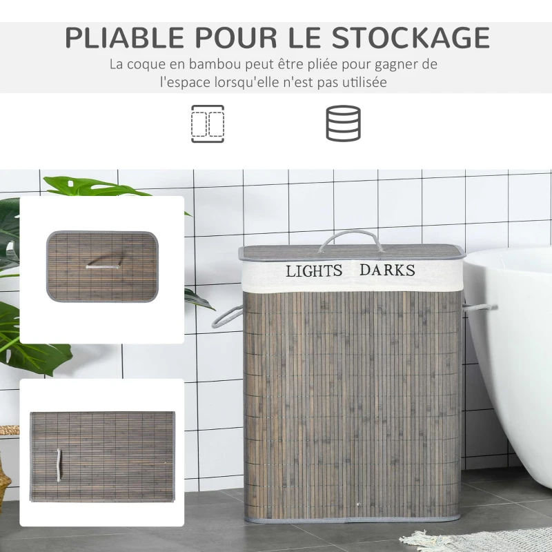 HOMCOM Panier à linge 100L avec 2 bacs bambou pliable couvercle poignée avec Sac amovible et lavable gris