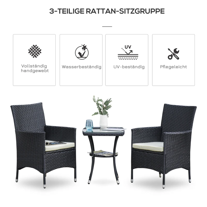 Outsunny Balkonmöbel Set für 2 Personen Sitzgruppe Rattan Gartenset Polyrattan Schwarz