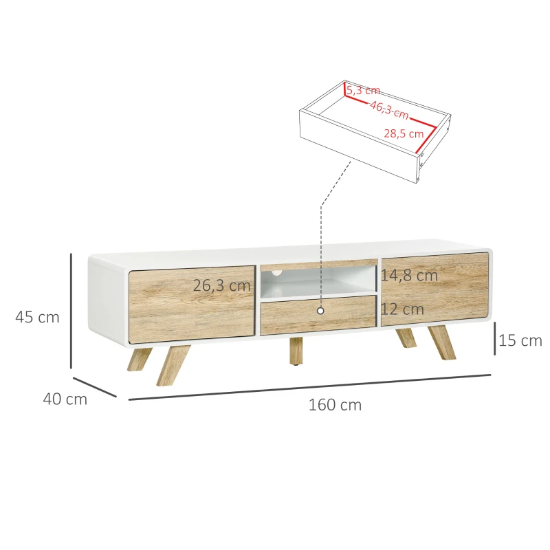 HOMCOM TV Schrank TV Lowboard Kommode für Fernseher kleiner als 60'' mit Push-In-Design Schublade Wohnzimmer MDF Weiß+Natur 160 x 40 x 45 cm