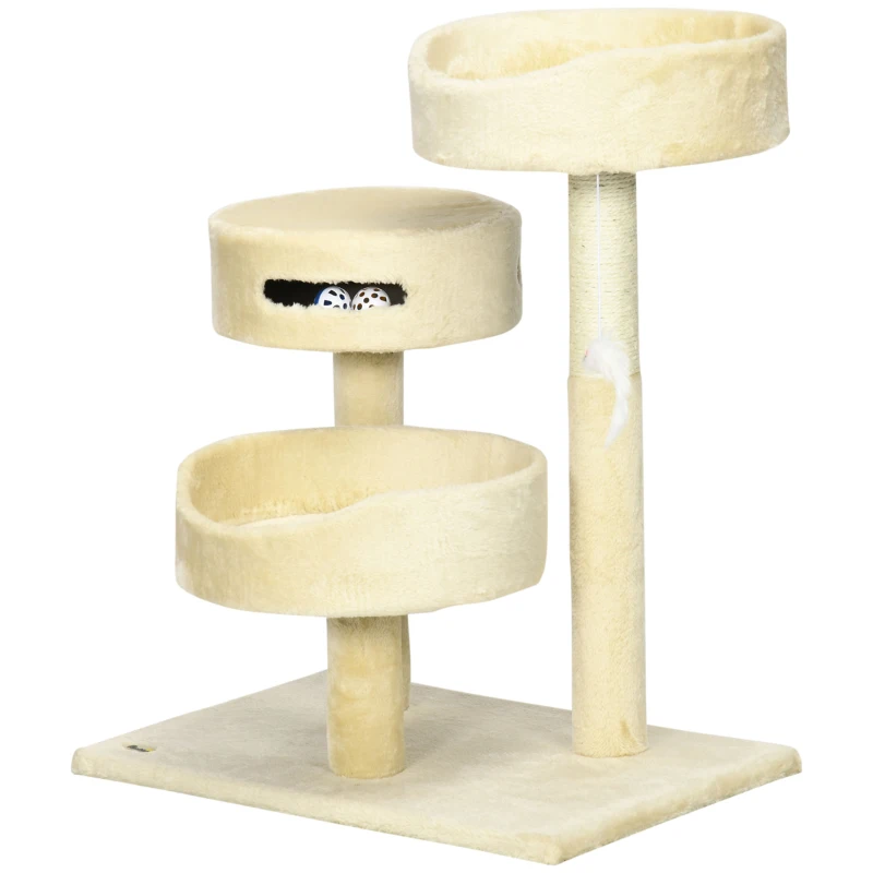 PawHut Kratzbaum für Katzen, 2 Katzenbetten, Katzenspielzeug und Kratzsäulen, 60 cm x 40 cm x 70 cm, Beige