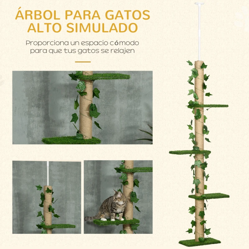 PawHut Árbol para Gatos del Suelo al Techo 37x21x202-242 cm con Altura Ajustable 4 Plataformas de Césped Artificial Verde