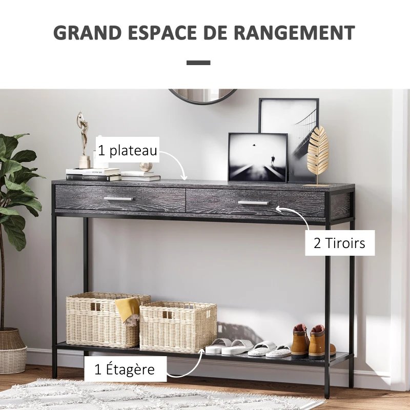 HOMCOM Table console table d'entrée design industriel dim. 120L x 30l x 81H cm 2 tiroirs étagère acier noir panneaux particules bois gris