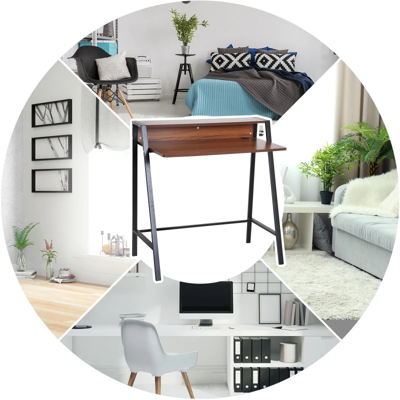 HOMCOM Schreibtisch, Computertisch mit Ablage und Kabel Management, moderner Schreibtisch mit Metallgestell für Arbeitszimmer, Schlafzimmer, Home Office, 84 x 45 x 85 cm, Walnuss+Schwarz