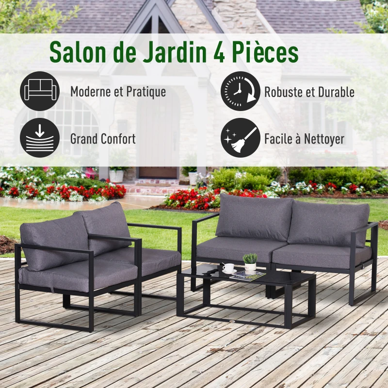 Outsunny Ensemble Salon de Jardin Design Contemporain Style Yachting 4 Places avec Coussins et Table Basse Plateau Verre trempé alu. Gris