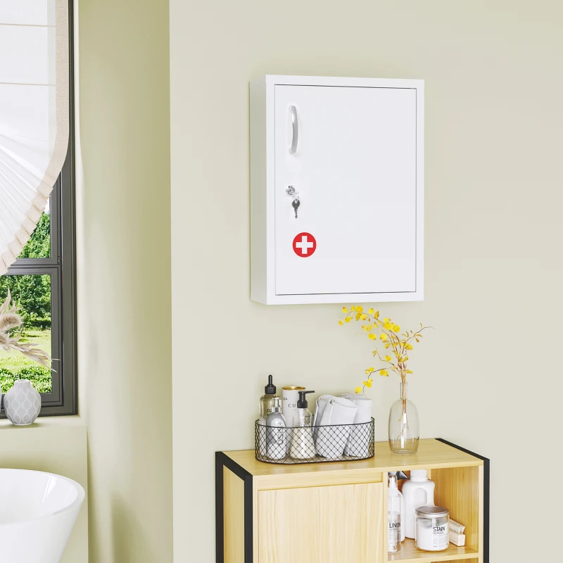 kleankin Armadietto Medicinali a 3 Ripiani con Serratura e 2 Chiavi, in Acciaio, 40x15x53.5 cm, Bianco