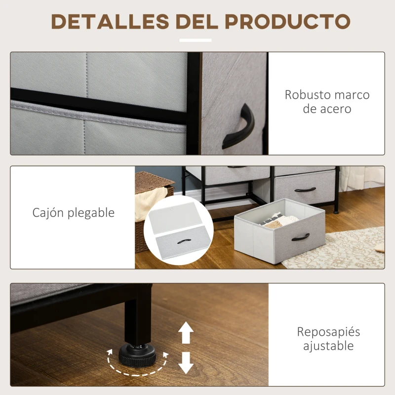 HOMCOM Cómoda Cajonera con 6 Cajones de Tela Plegable Marco de Acero y Almohadillas Ajustables 80x30x62,5 cm Gris y Marrón