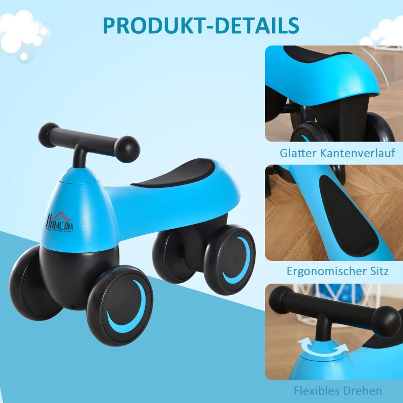 HOMCOM Laufrad ab 1 Jahr 4 Räder Baby Rutschrad Lauflernrad ohne Pedale für Kinder von 18 bis 36 Monaten Jungen Mädchen Blau 54 x 26 x 38 cm