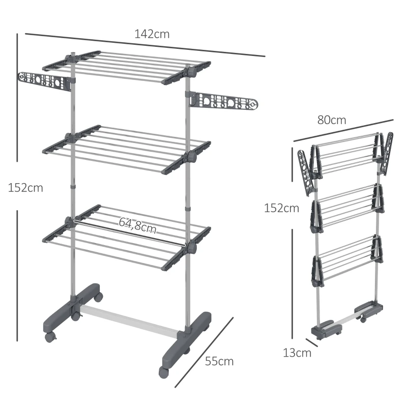 HOMCOM Séchoir à linge étendoir pliable ailes latérales utilisation intérieure et extérieure 3 niveaux 142 x 55 x 152 cm gris