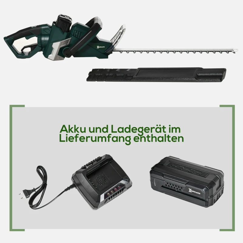 Durhand Elektro Heckenschere Akku Elektrischer Heckenschneider mit 350 W Motorleistung Kabellos 180° Drehgriff 52cm Schnittlänge Stahl ABS Grün+Schwarz