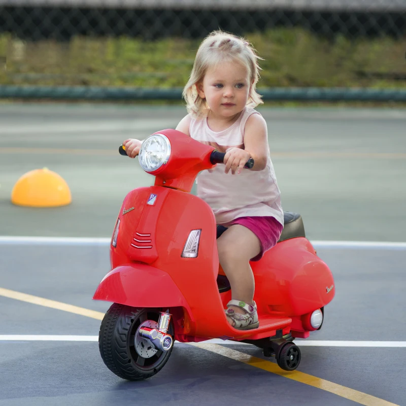 HOMCOM Moto Eléctrica Vespa para Niños de 18-36 Meses Moto de Batería 6V con Faro Bocina y 4 Ruedas Motocicleta Infantil con Licencia 66,5x38x52 cm Rojo