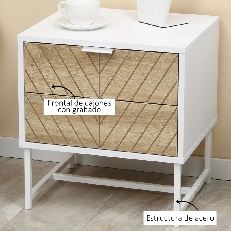 HOMCOM Mesita de Noche con 2 Cajones con Patas de Acero Mesilla Auxiliar para Salón Dormitorio 45x39x48cm Blanco y Roble