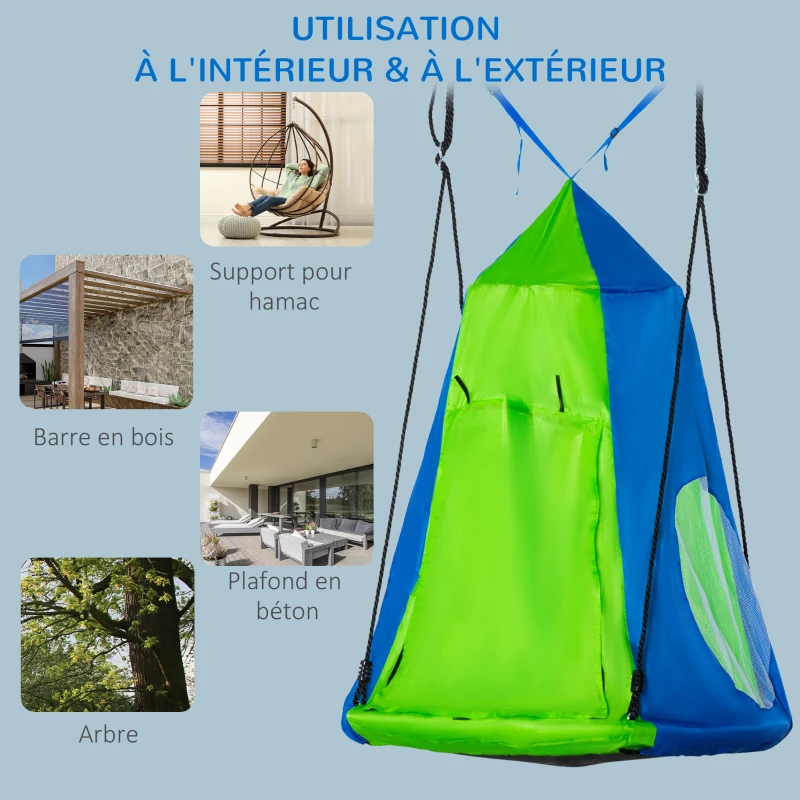 Outsunny Balançoire nid d'oiseau Ronde avec Tente Amovible Ø 100 cm 4 Anneaux Inclus métal époxy Oxford Haute densité - Vert et Bleu