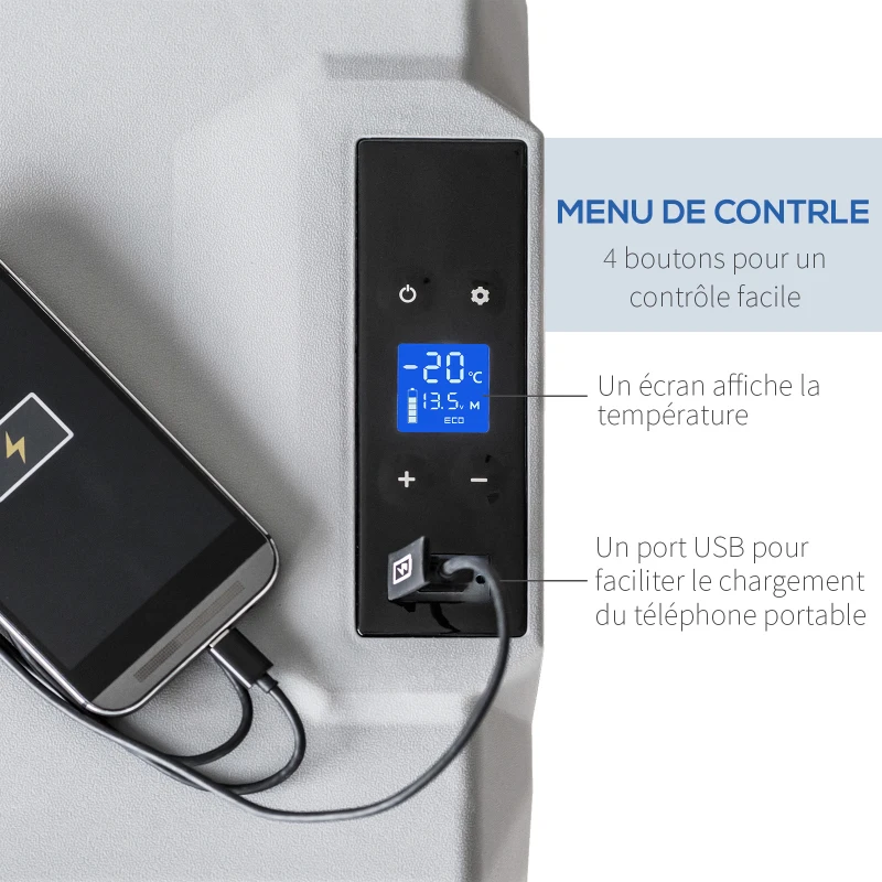 HOMCOM Glacière-congélateur portable Glacière à compression Glacière électrique froid -20°C 50 L 12 V et 230 V prise alume-cigare + adaptateur inclus gris noir