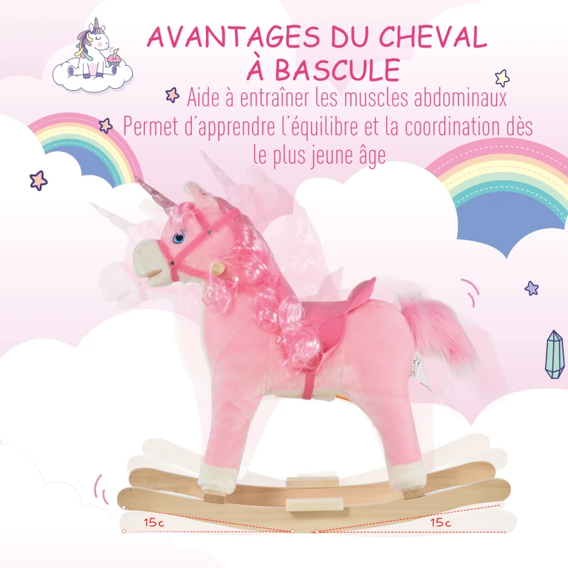 HOMCOM Cheval à Bascule modèle Licorne avec Sons Authentiques Selle Grand Confort Bois de peuplier Rose dim. L74 x l33 x 62H cm